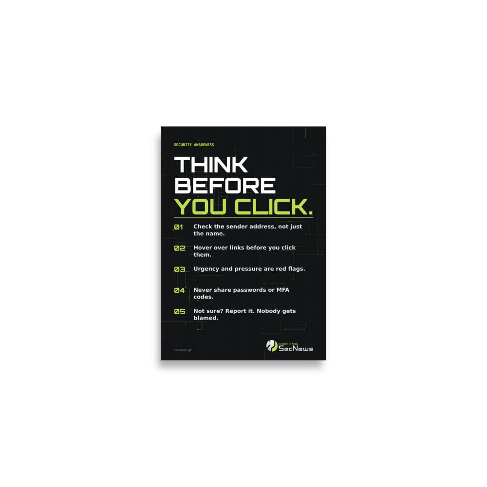 Think Before You Click Security Awareness Poster in A2 (42×59.4 cm), front view, with "Think Before You Click" security awareness poster in green and white