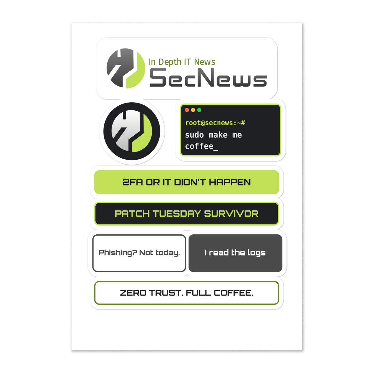SecNews Hacker Sticker Sheet, front view, with sheet of SecNews hacker stickers in green, black and white