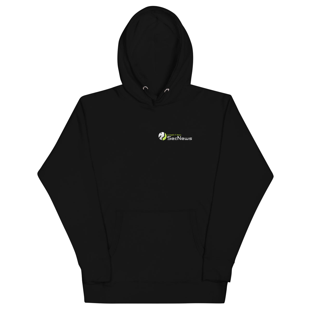 SecNews Cybertech Unisex Hoodie in Black, front view, with SecNews "In Depth IT News" logo on the left chest