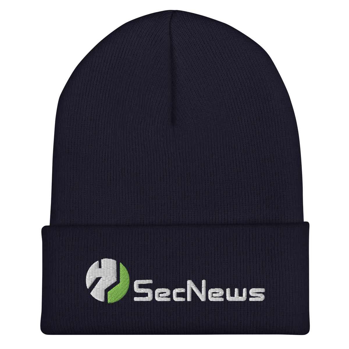 SecNews Embroidered Beanie in Navy, front view, with embroidered SecNews logo in white and green thread