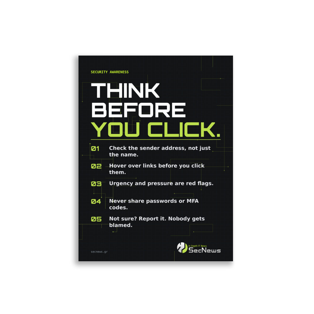 Think Before You Click Security Awareness Poster in 30×40 cm, front view, with "Think Before You Click" security awareness poster in green and white