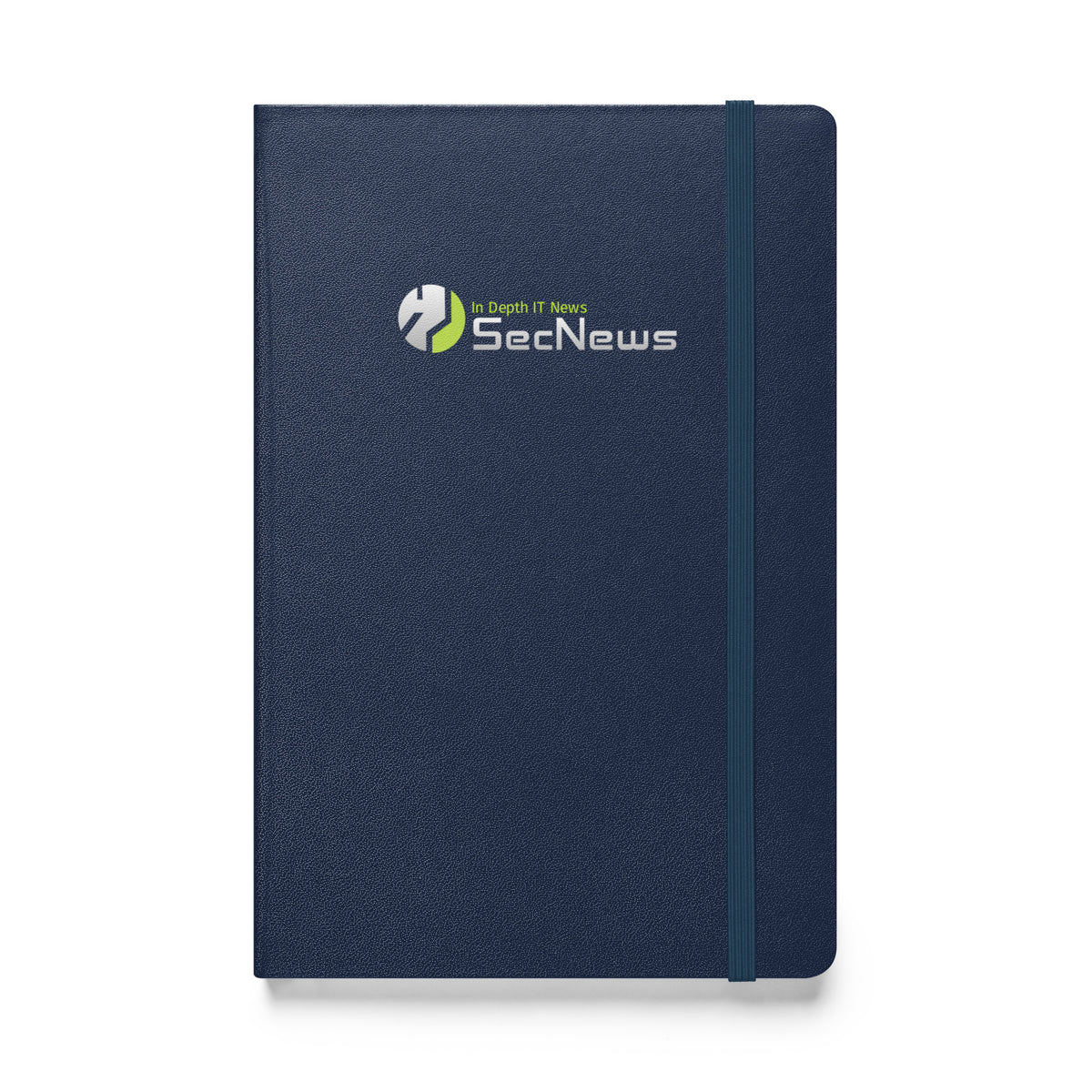 SecNews Elite Hardcover Notebook in Navy, front view, with SecNews "In Depth IT News" logo on the cover