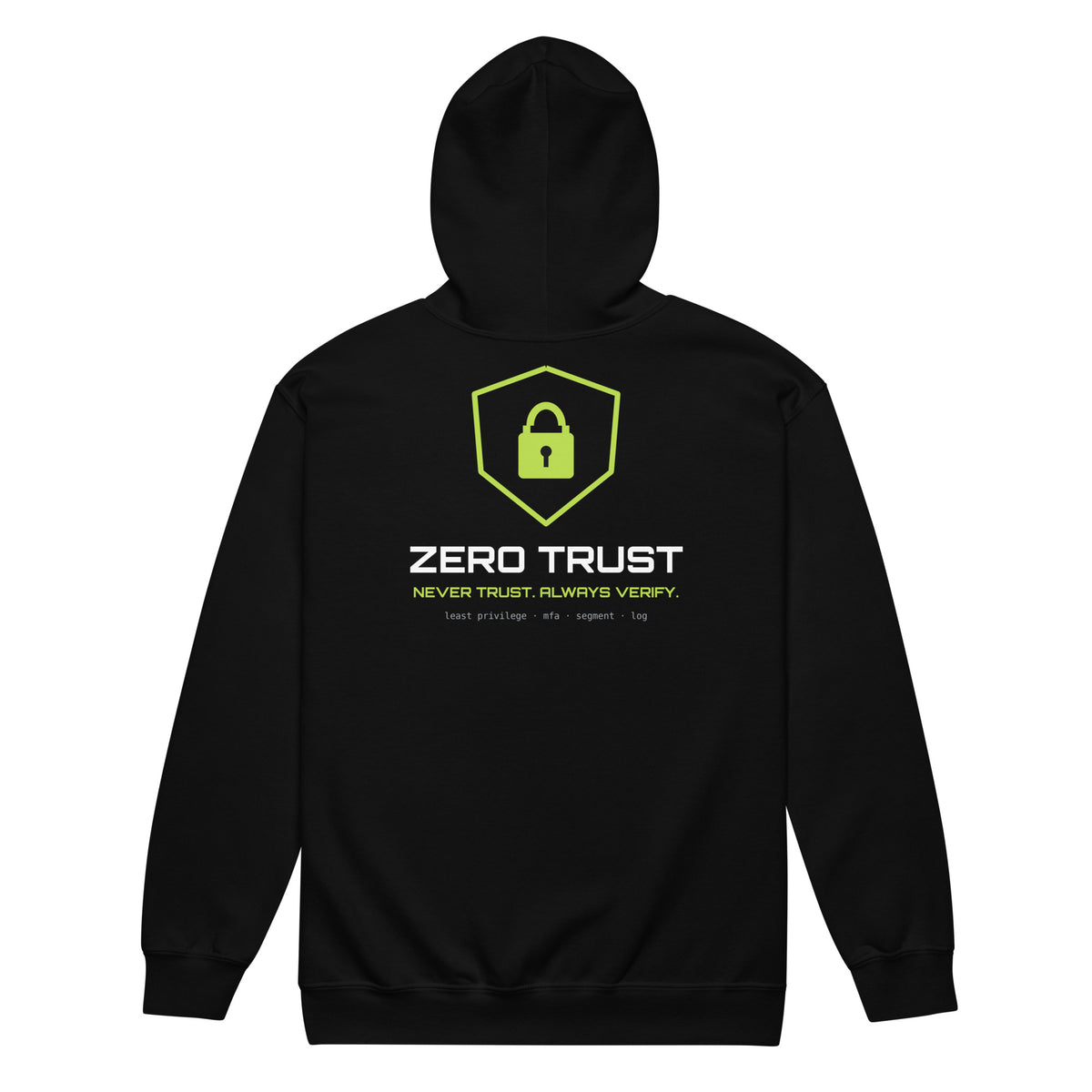 SecNews Zero Trust Zip Hoodie in Black, back view, with SecNews logo on the chest and green "Zero Trust" shield print on the back