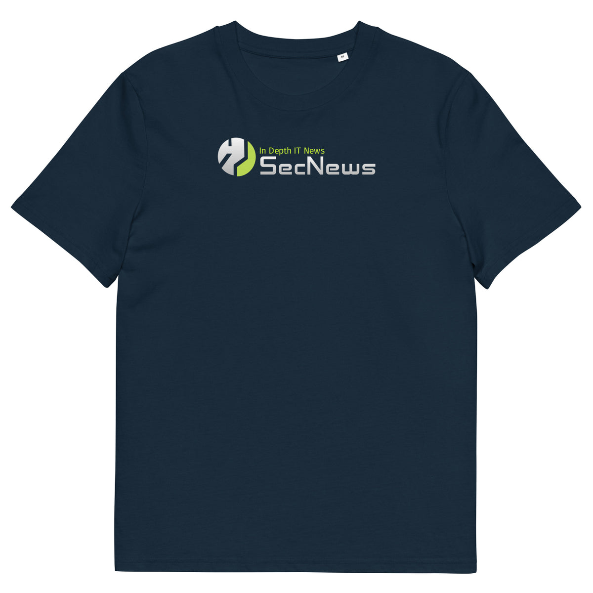 SecNews Organic Logo Tee in French Navy, front view, with large SecNews "In Depth IT News" logo print