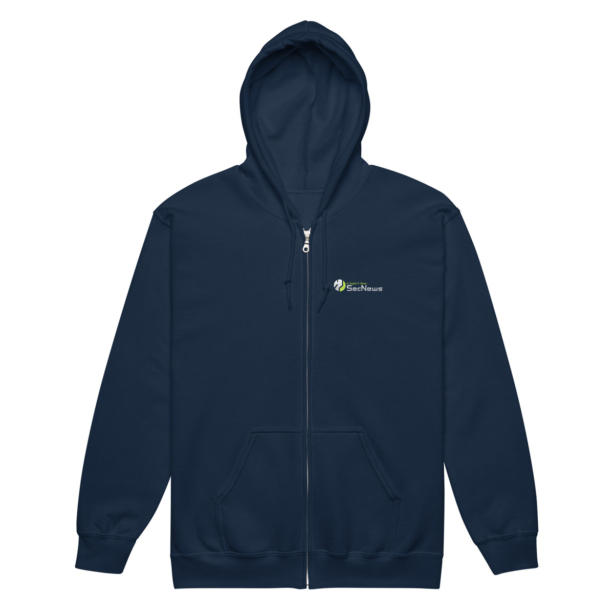 SecNews Zero Trust Zip Hoodie in Navy, front view, with SecNews logo on the chest and green "Zero Trust" shield print on the back