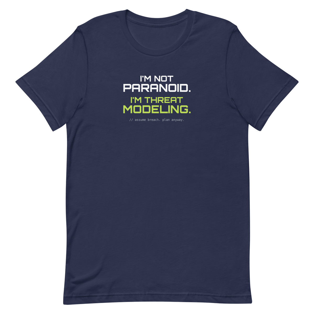 SecNews Threat Modeling Tee in Navy, front view, with green "I'm not paranoid, I'm threat modeling" print