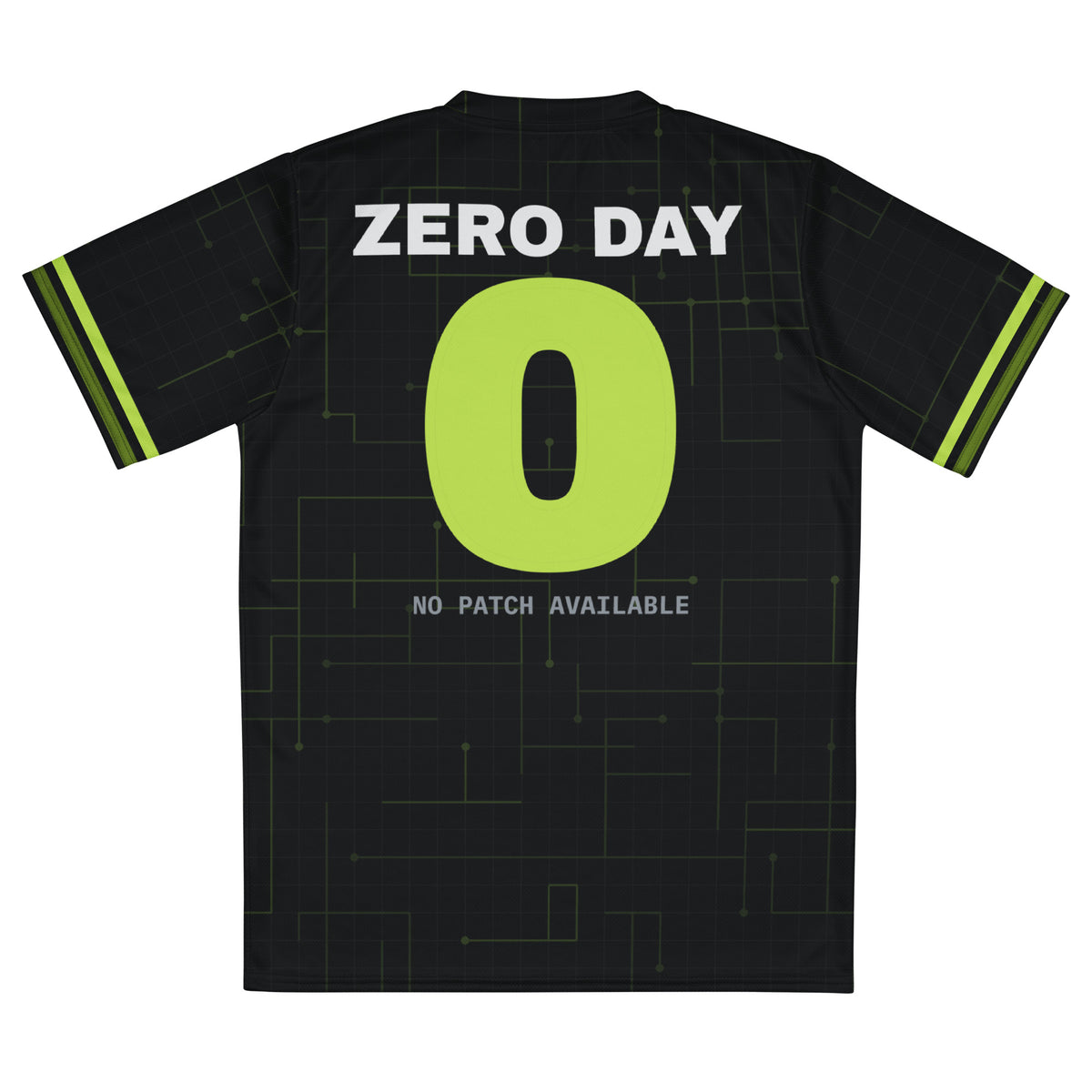 Black sports jersey with "It works on my machine" front print and ZERO DAY number 0 on the back, lime sleeve stripes