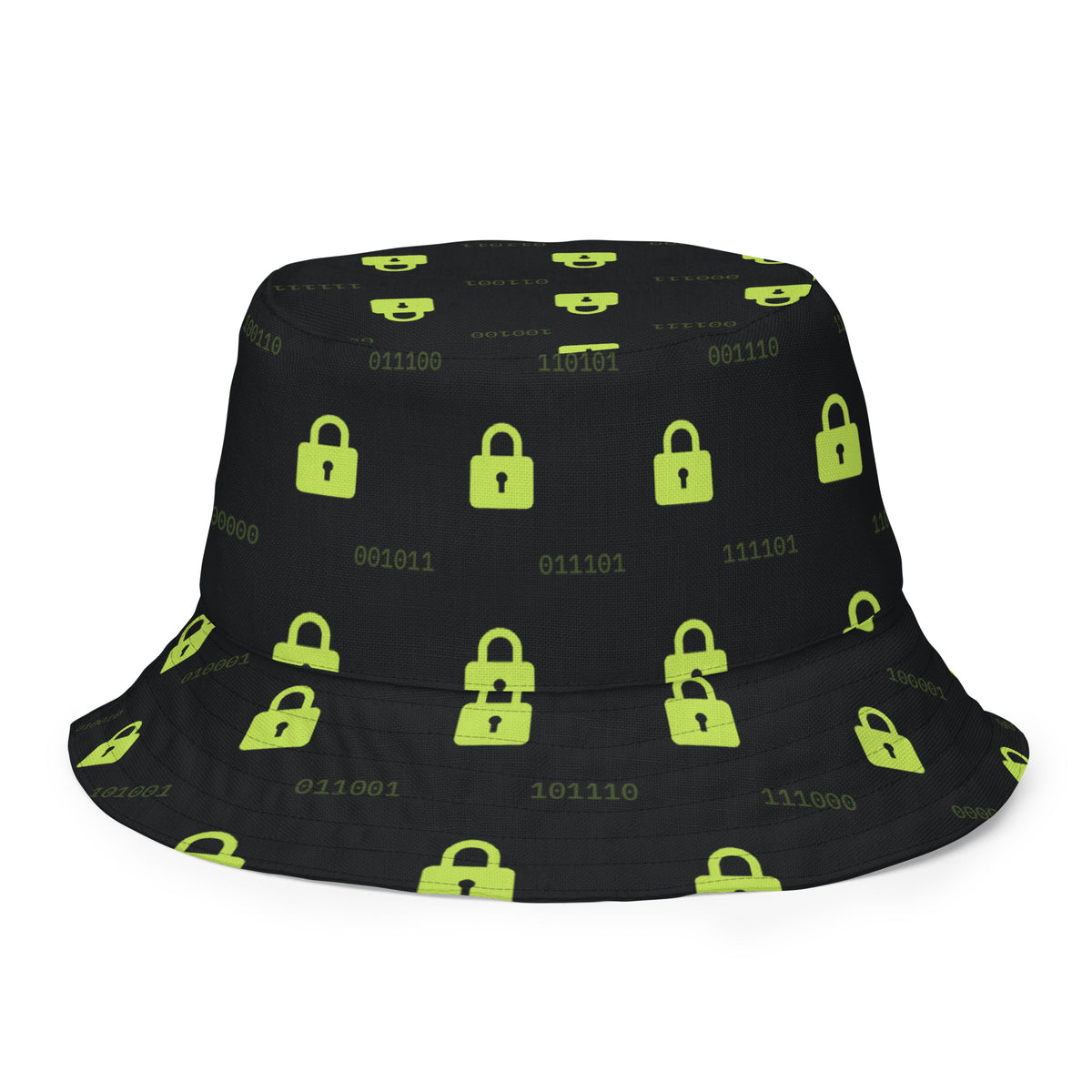 Reversible bucket hat with green padlocks and binary on black, and black padlocks on green inside (white back outside view)