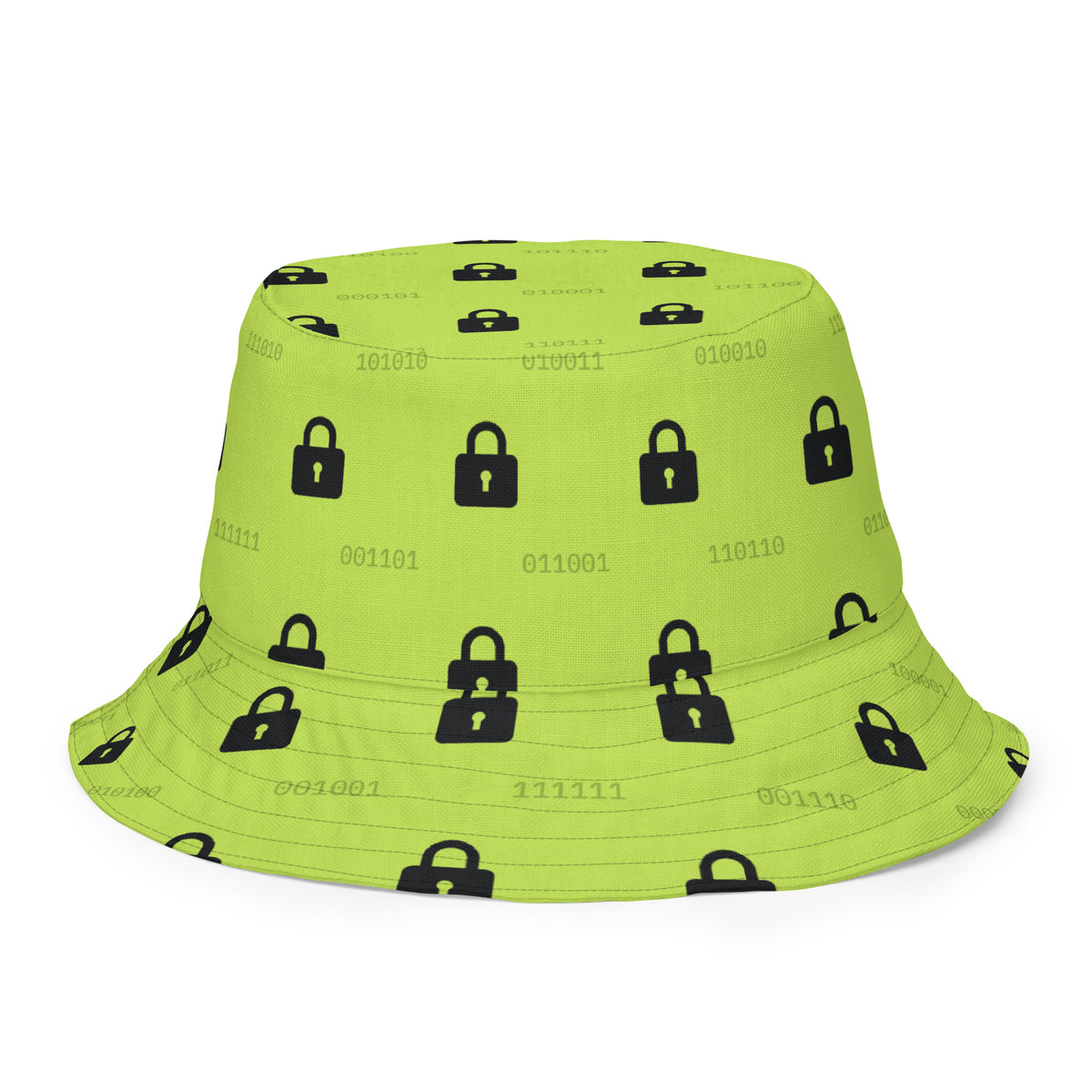 Reversible bucket hat with green padlocks and binary on black, and black padlocks on green inside (white front inside view)