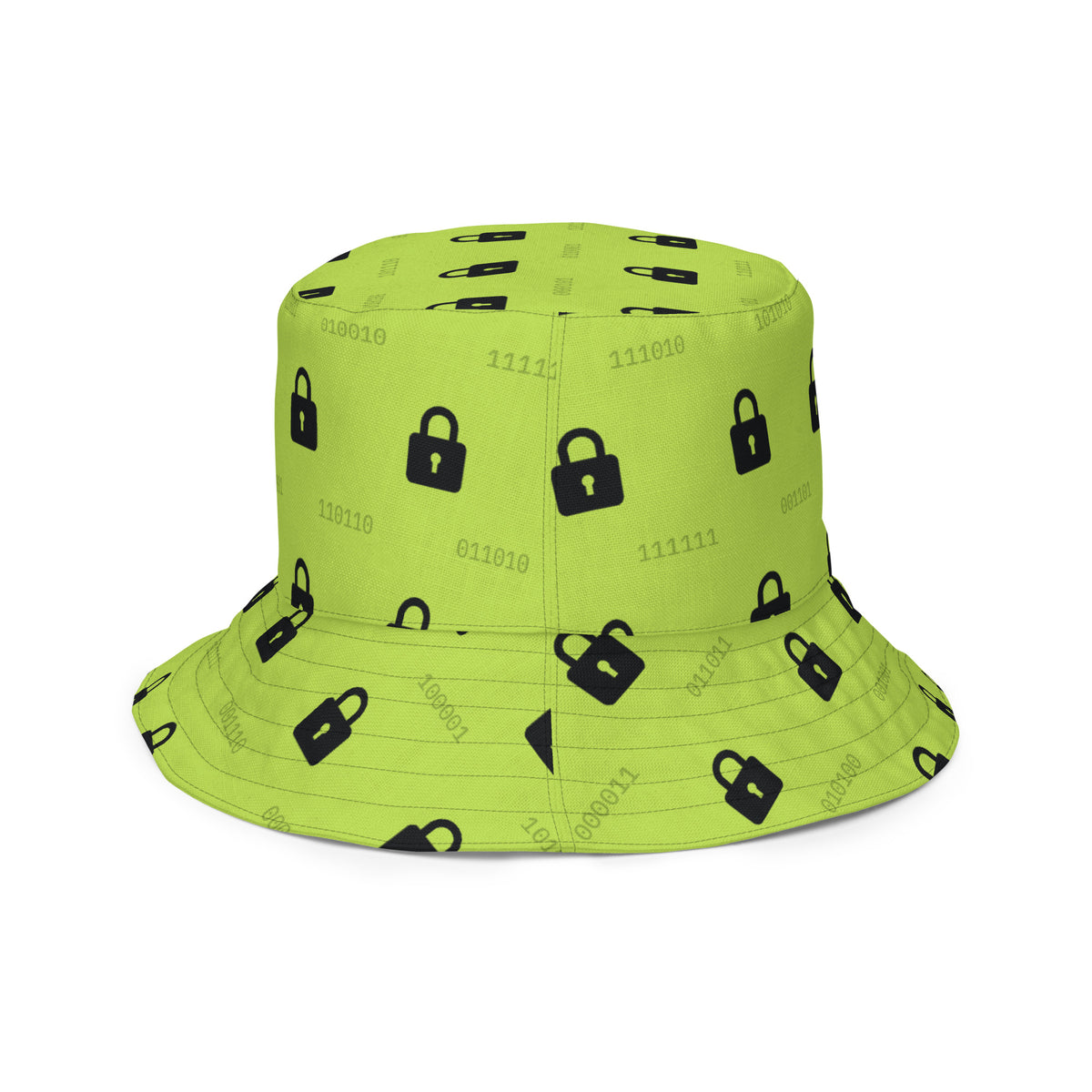 Reversible bucket hat with green padlocks and binary on black, and black padlocks on green inside (white right inside view)