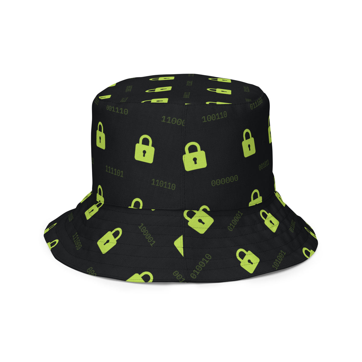 Reversible bucket hat with green padlocks and binary on black, and black padlocks on green inside (white right outside view)
