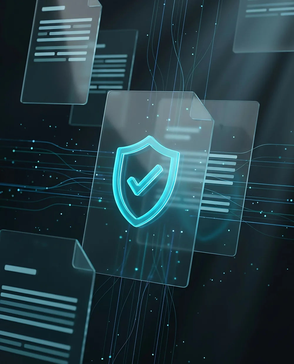 Floating digital documents with a glowing cyan security shield