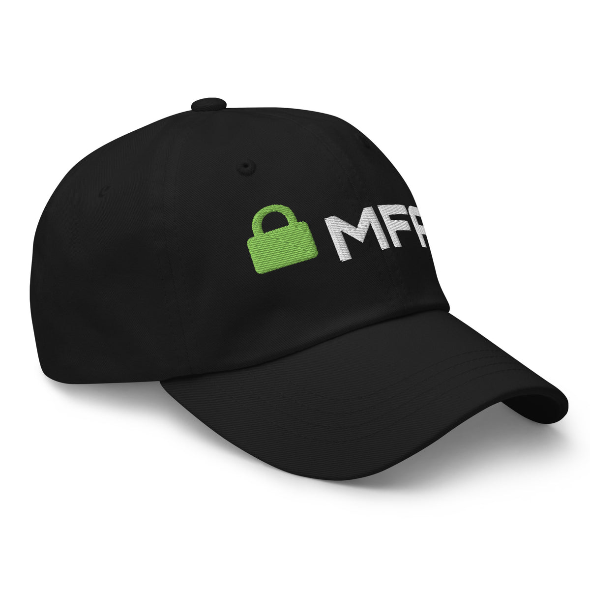 SecNews Cyber Hat, right front view, with embroidered padlock and MFA