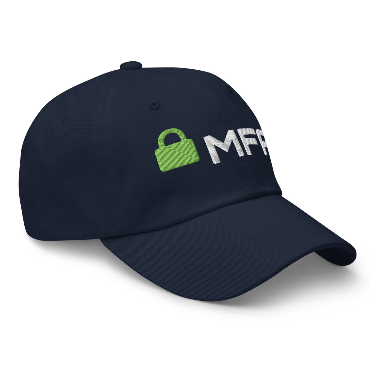 SecNews Cyber Hat, right front view, with embroidered padlock and MFA