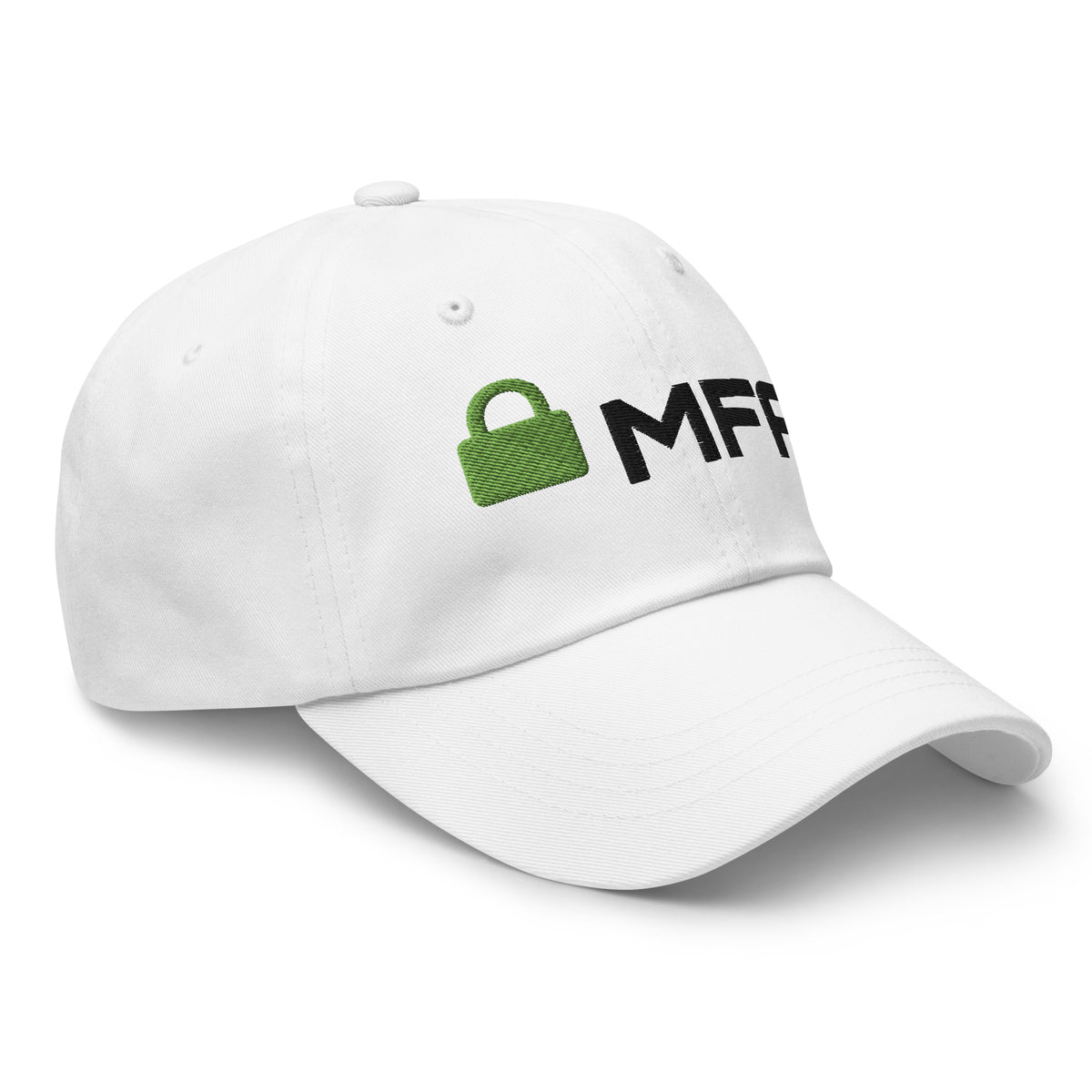 SecNews Cyber Hat, right front view, with embroidered padlock and MFA