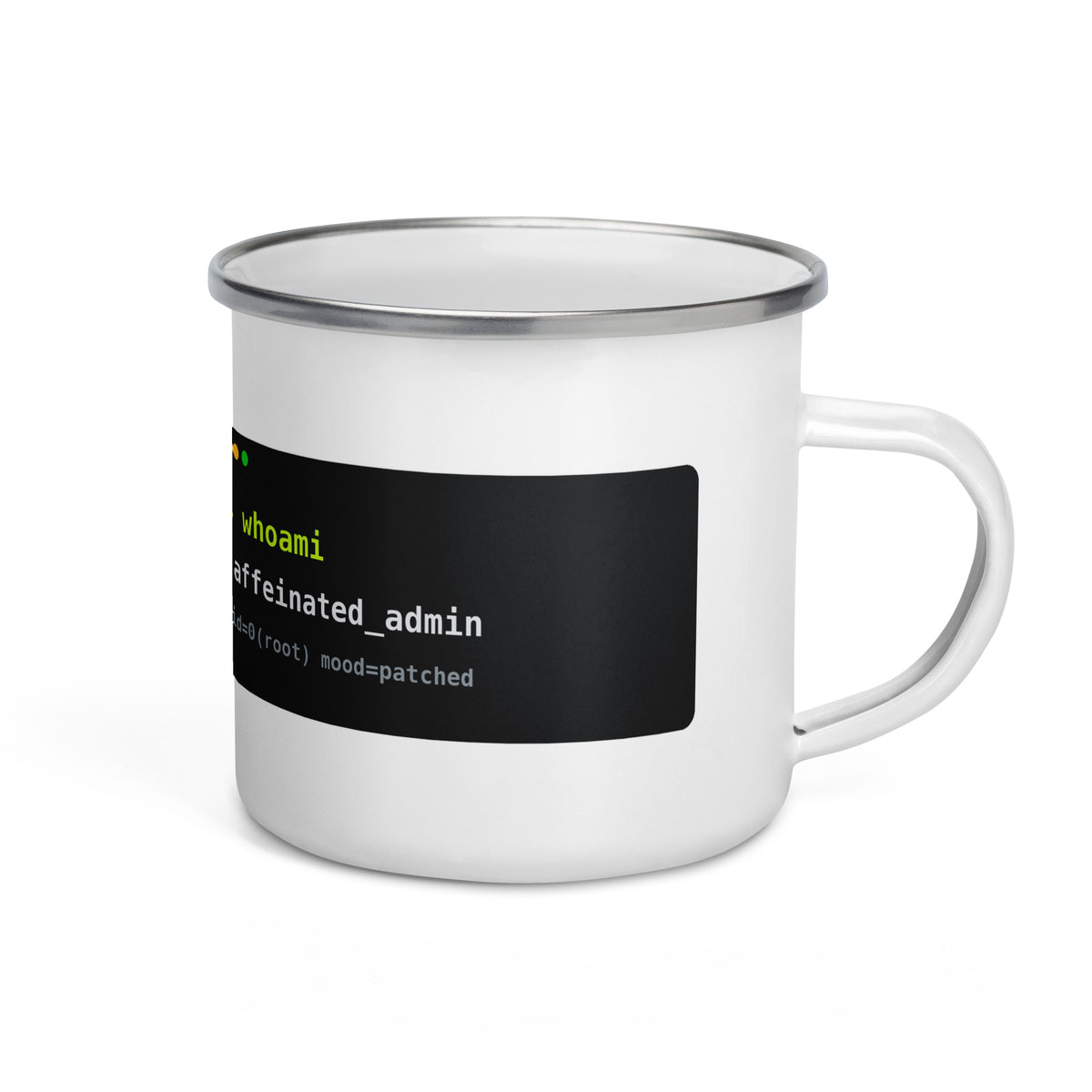 SecNews root@ Enamel Mug, default view, with two terminal windows: sudo make me coffee and whoami