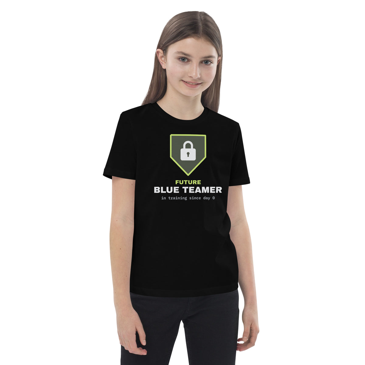 Kids organic t-shirt with a green padlock shield and the text 'Future Blue Teamer, in training since day 0' (black front, alternate view)