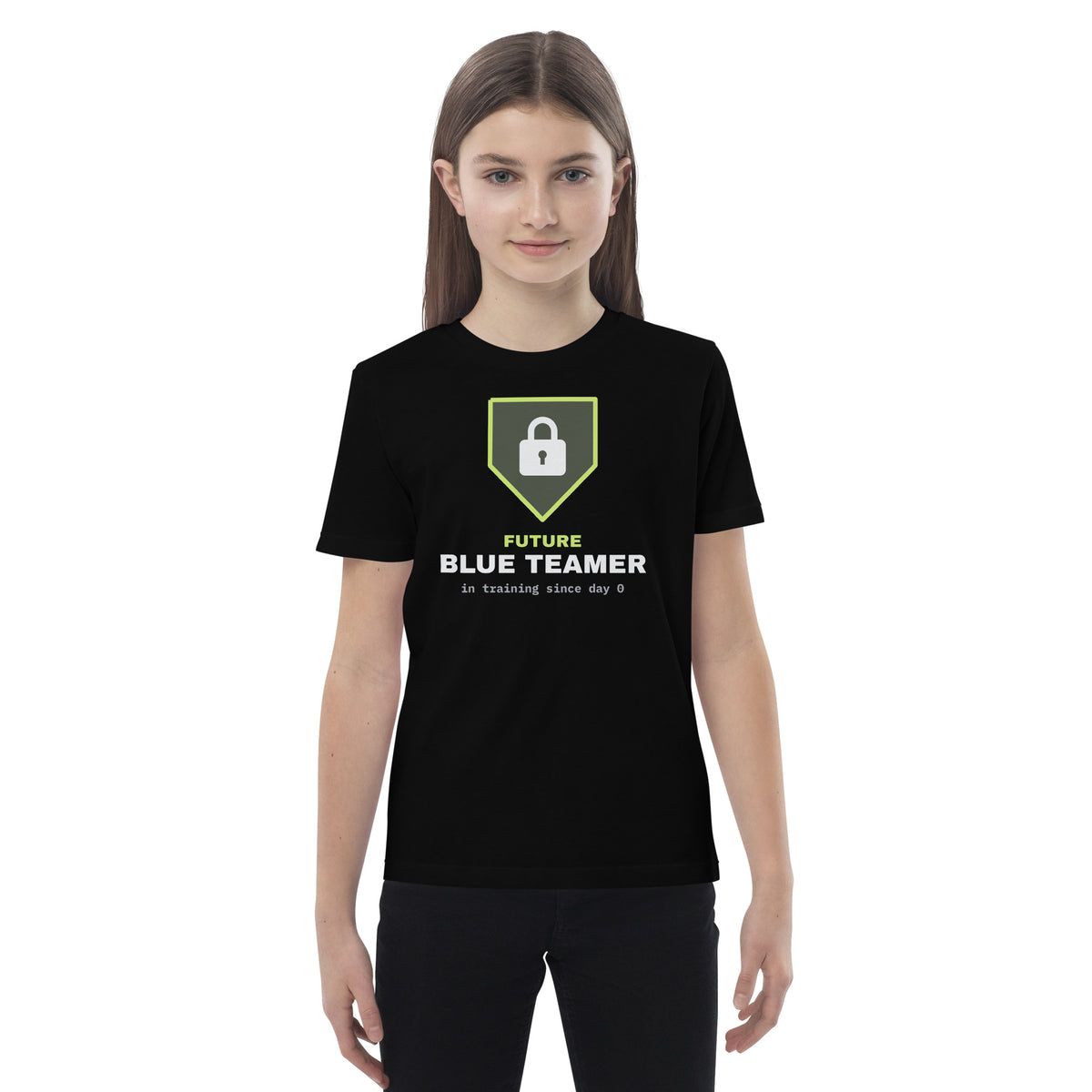 Kids organic t-shirt with a green padlock shield and the text 'Future Blue Teamer, in training since day 0' (black front view)