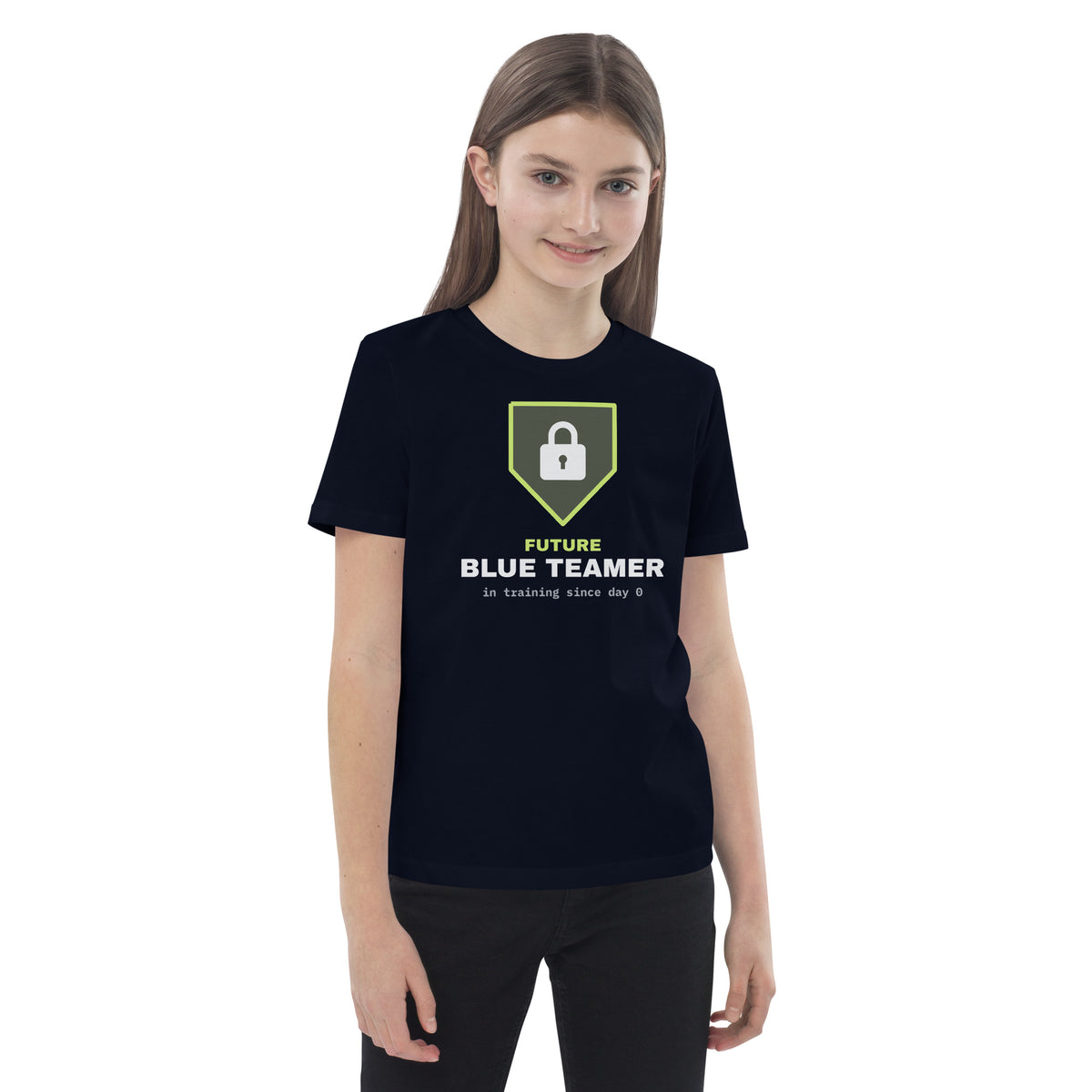 Kids organic t-shirt with a green padlock shield and the text 'Future Blue Teamer, in training since day 0' (french navy front, alternate view)