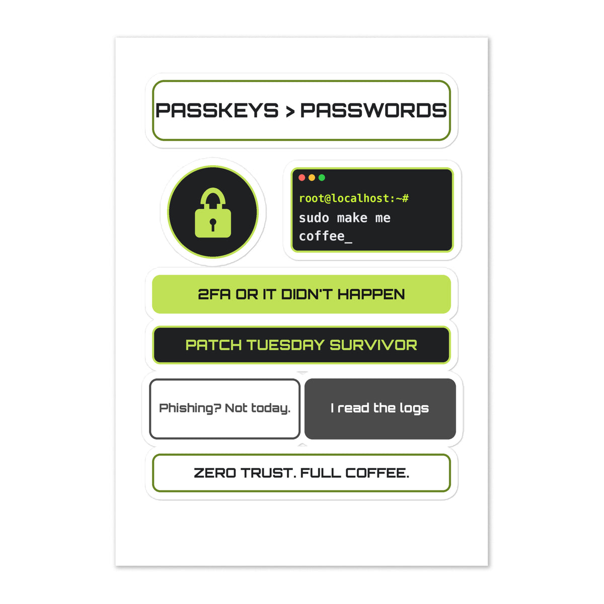 SecNews Hacker Sticker Sheet, default view, with hacker stickers incl. Passkeys > Passwords and 2FA