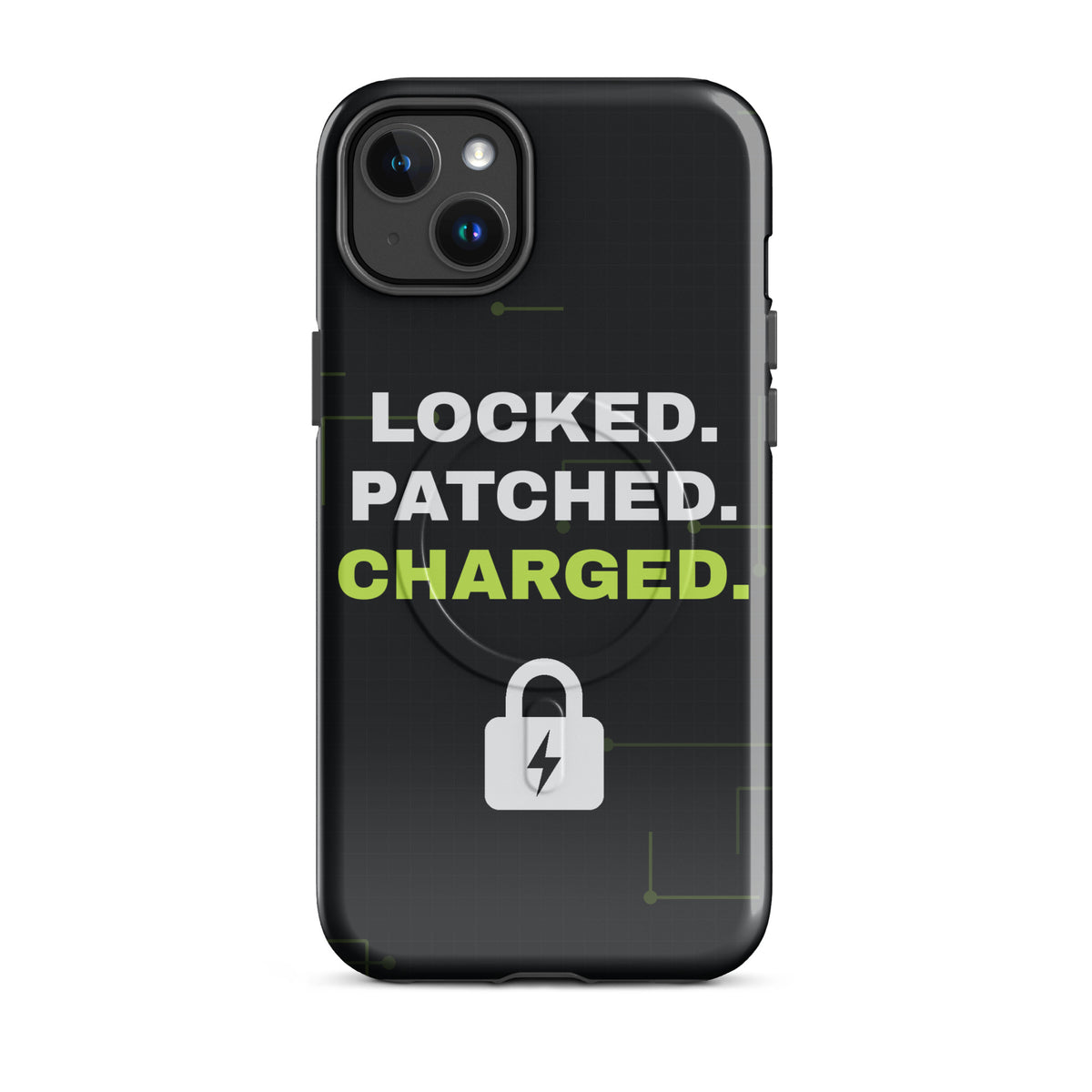Black iPhone MagSafe tough case with 'Locked. Patched. Charged.' and a lightning-bolt padlock (glossy iPhone 14 Plus front view)