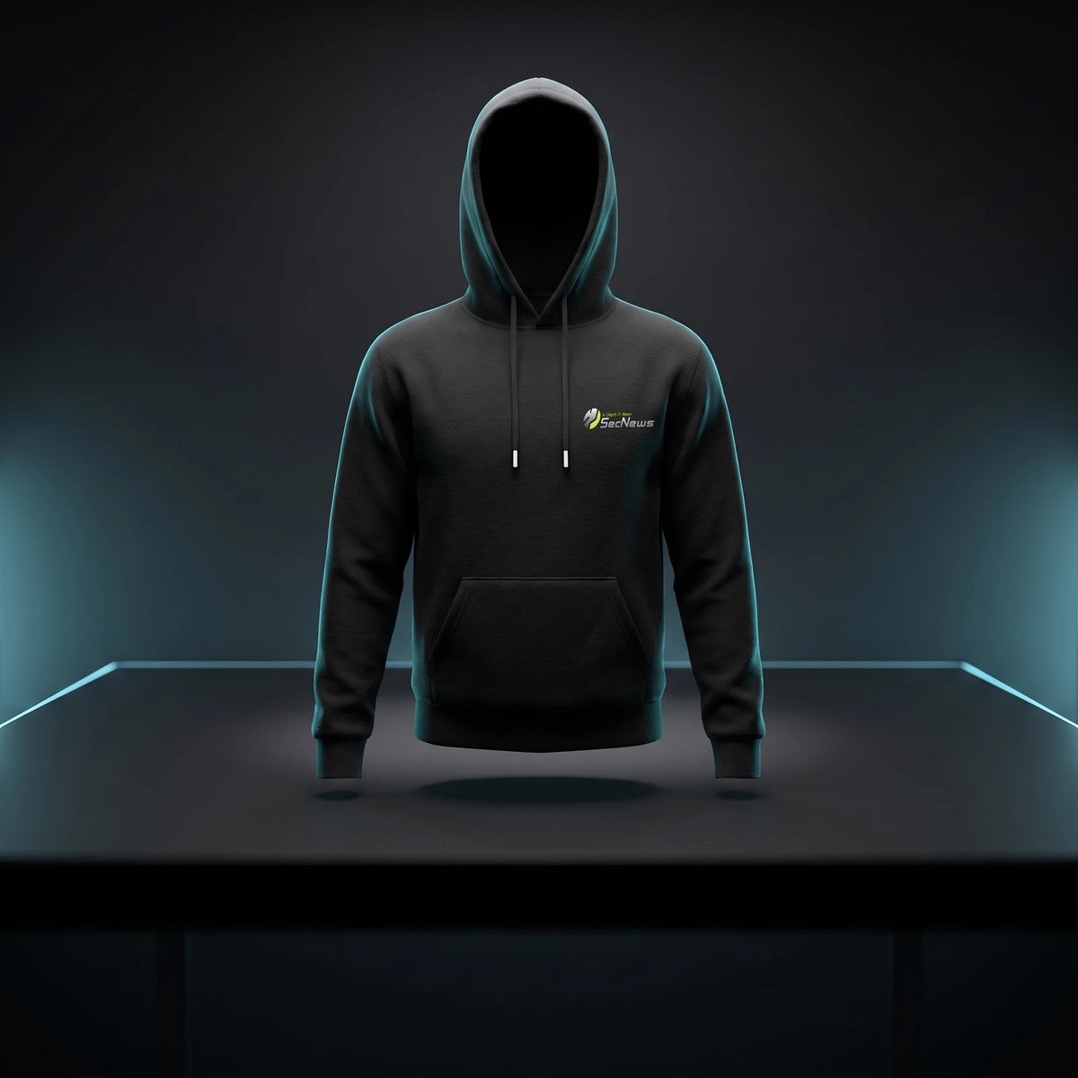 SecNews CyberTech unisex hoodie in black with the SecNews "In Depth IT News" logo on the left chest, shown on a dark desk with cyan rim light