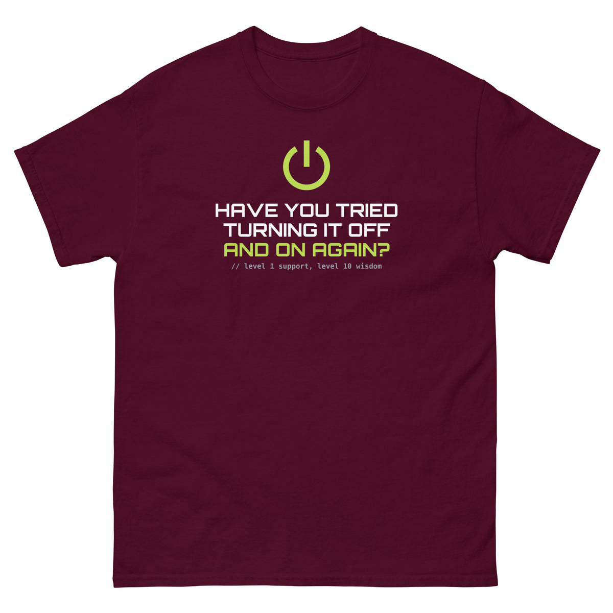 SecNews Signature Unisex Tee, front view, with power icon and "Have you tried turning it off and on again?" print