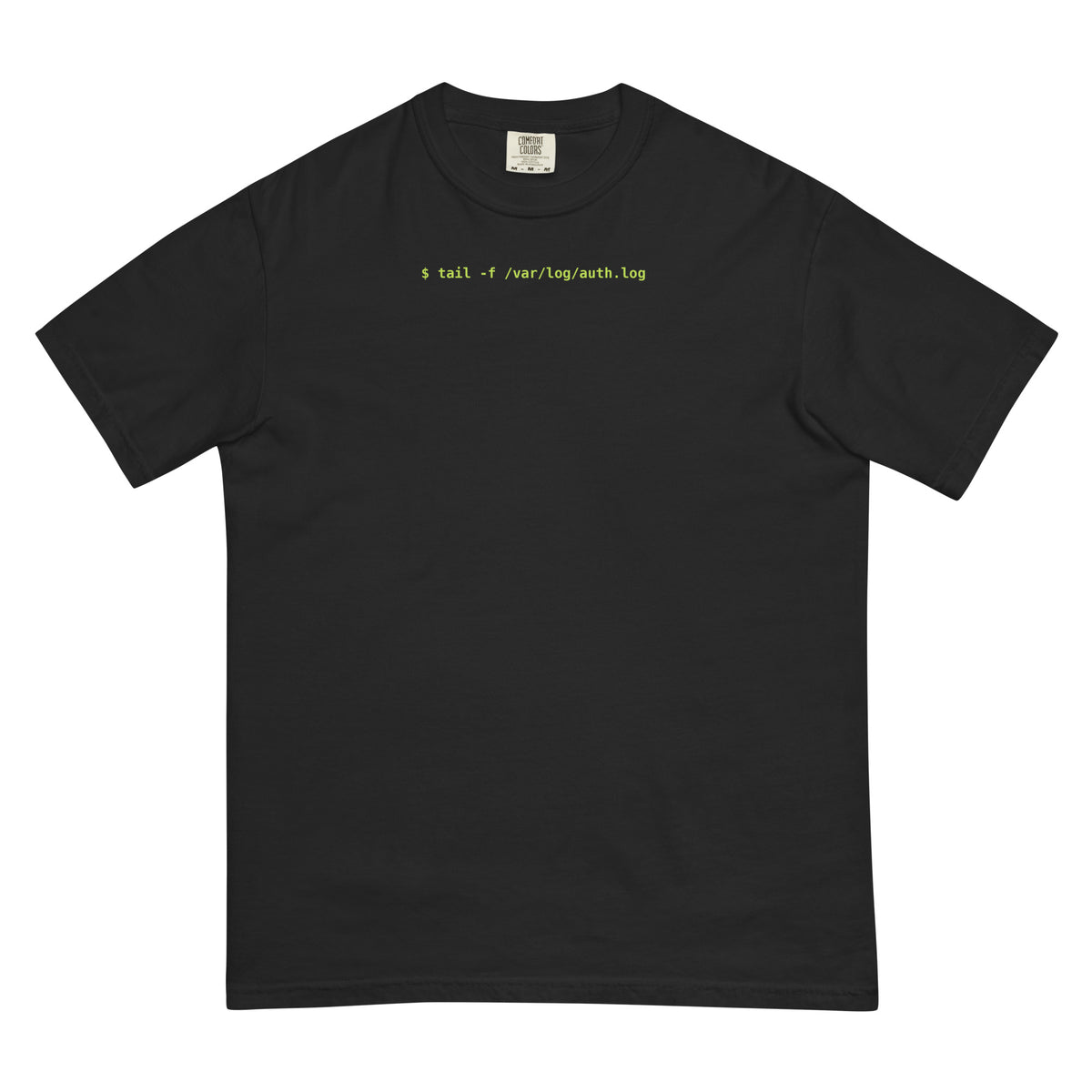 SecNews I Read The Logs Heavyweight Tee, front view, with "$ tail -f /var/log/auth.log" chest line and "I read the logs" back print