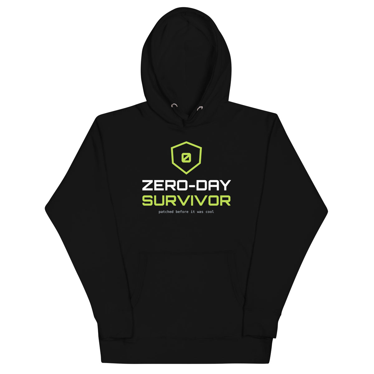 SecNews Cybertech Unisex Hoodie, front view, with "Zero-Day Survivor" shield print