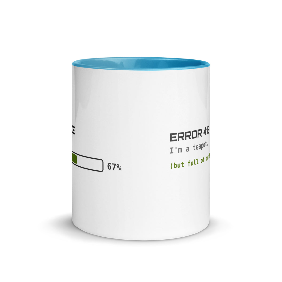 SecNews Coffee.exe Mug (Cyan Inside), front view, with Coffee.exe loading bar and "Error 418: I'm a teapot" print