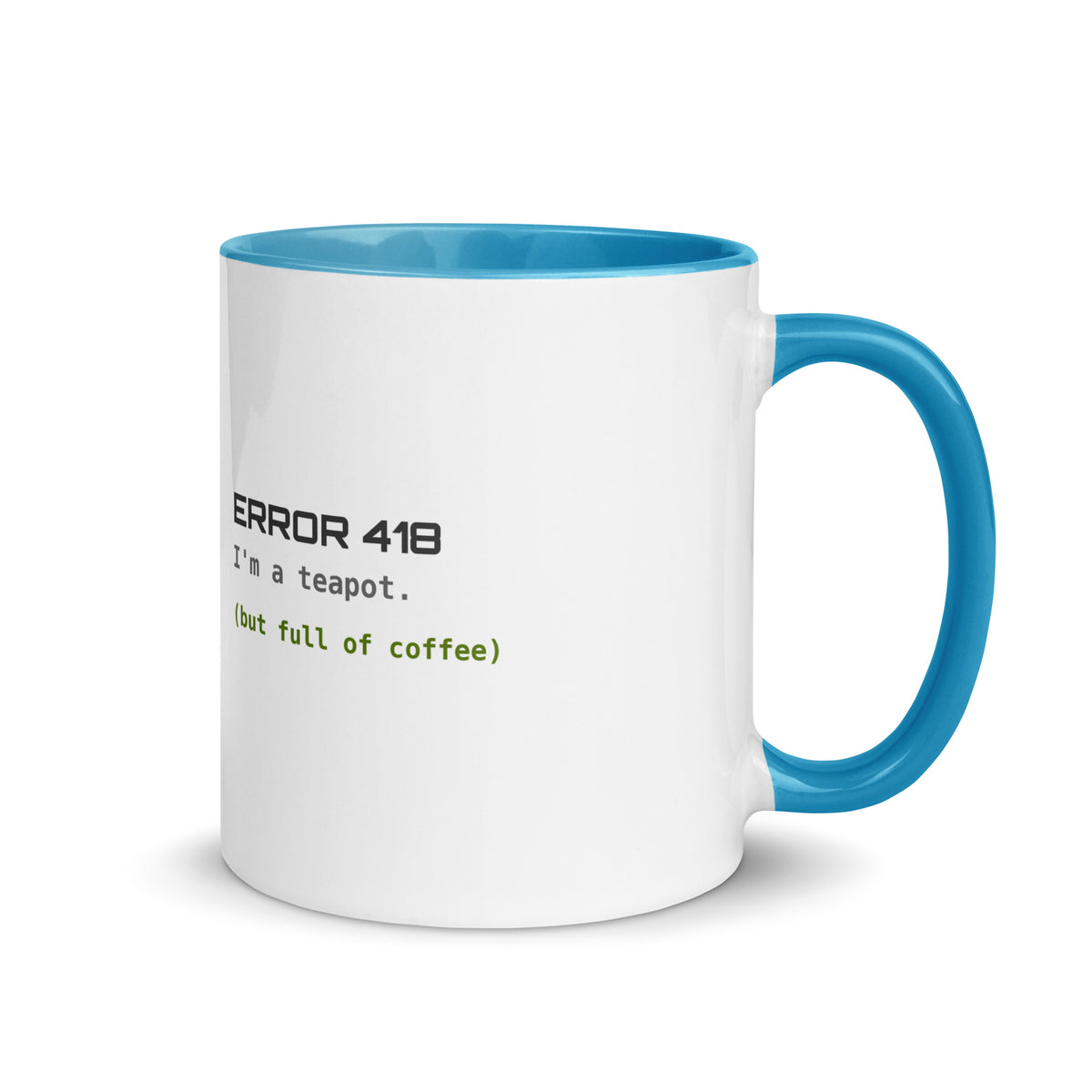 SecNews Coffee.exe Mug (Cyan Inside), default view, with Coffee.exe loading bar and "Error 418: I'm a teapot" print