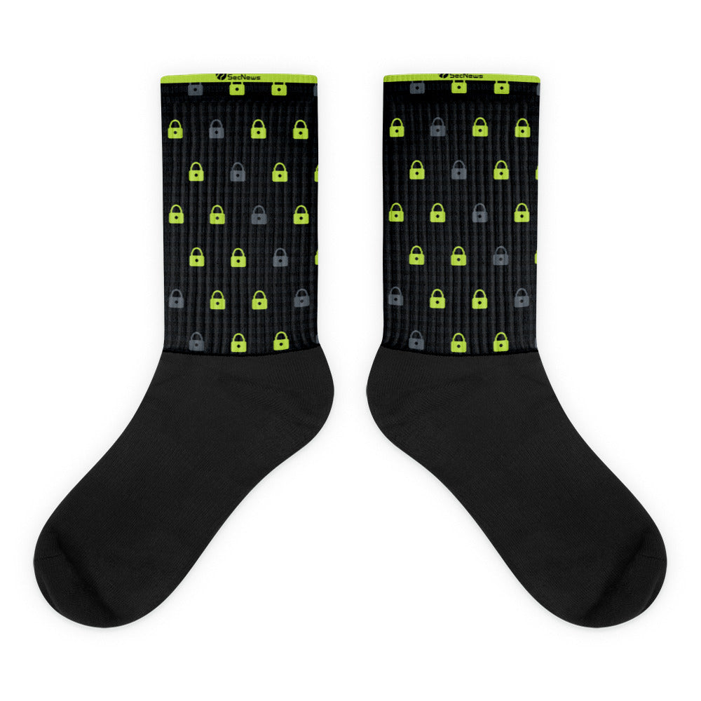SecNews Padlock Socks, flat view, with green padlock pattern with the SecNews logo