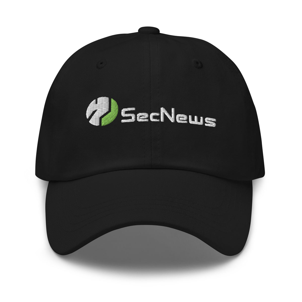SecNews Cyber Hat in Black, front view, with embroidered SecNews logo