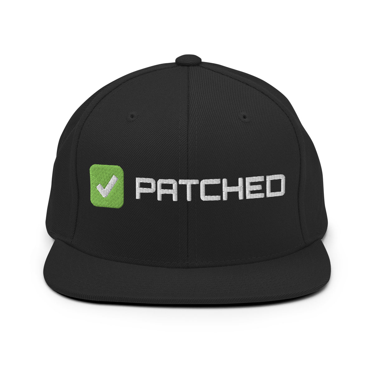 SecNews Patched Embroidered Snapback in Black, front view, with embroidered green "PATCHED" checkbox design