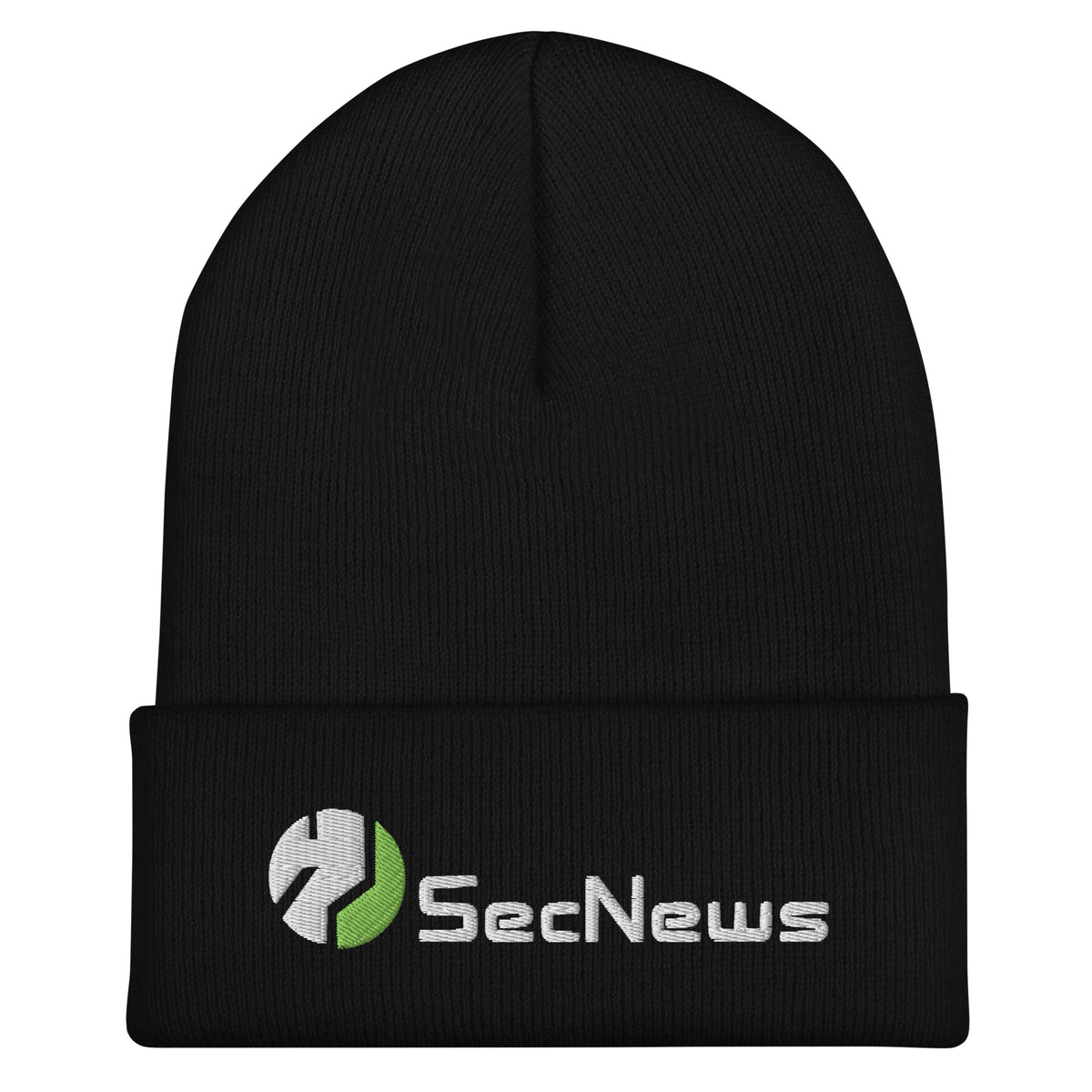 SecNews Embroidered Beanie in Black, front view, with embroidered SecNews logo in white and green thread