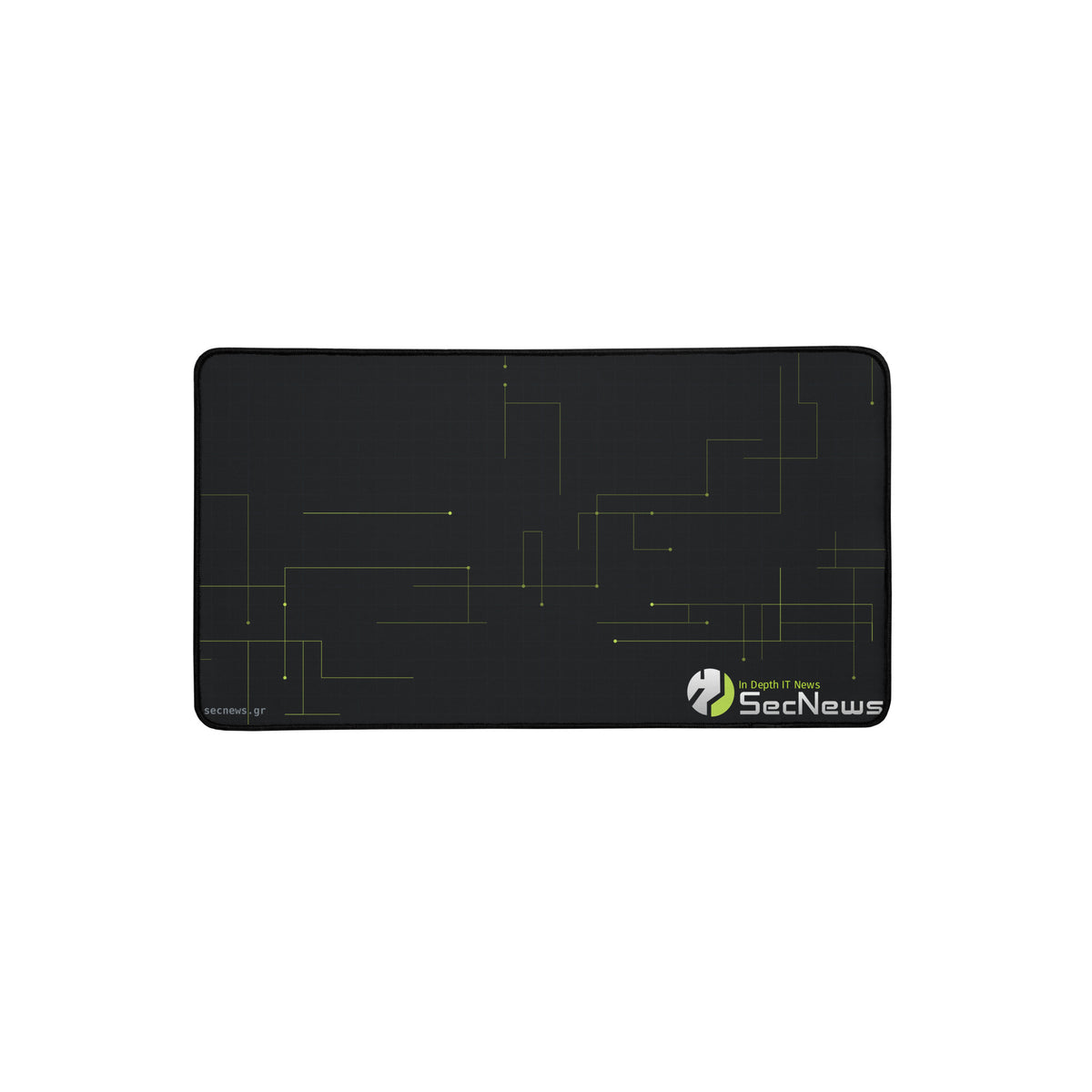SecNews Circuit Desk Mat in 12″×22″, front view, with dark circuit-board design with green traces and the SecNews logo