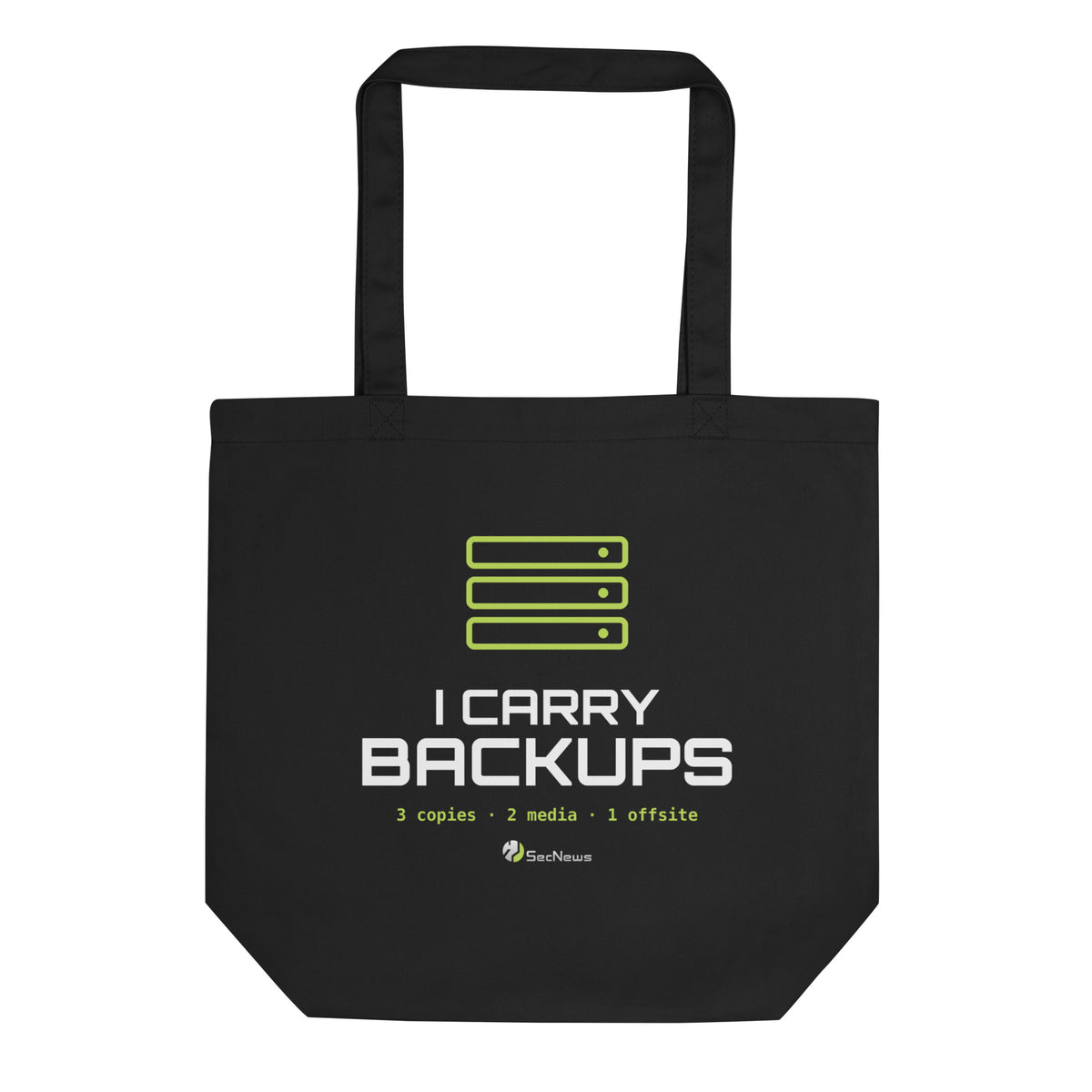 SecNews I Carry Backups Eco Tote, front view, with green "I Carry Backups" 3-2-1 backup print