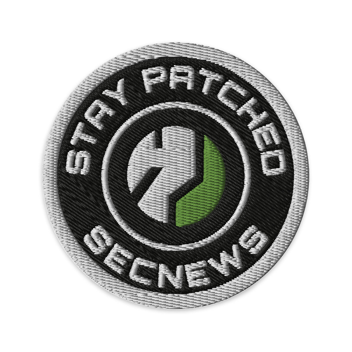 SecNews Stay Patched Embroidered Patch, front view, with round "Stay Patched" embroidered patch in green, white and black thread