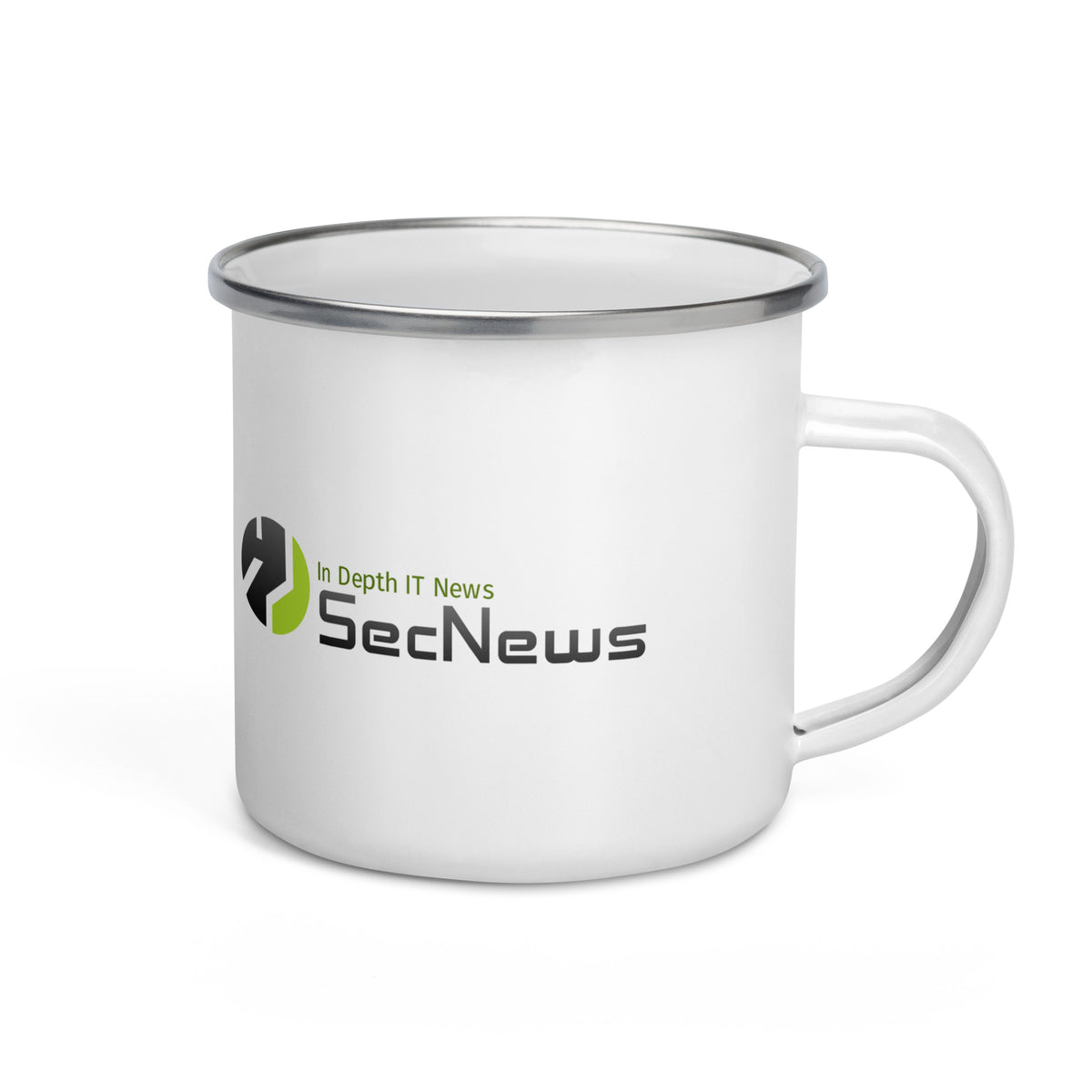 SecNews root@ Enamel Mug, right view, with root@secnews terminal print in green with the SecNews logo