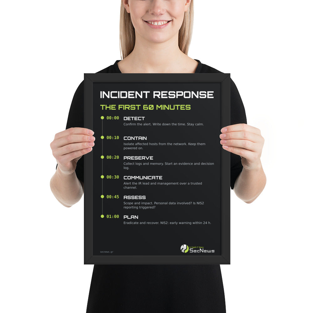 Incident Response First 60 Minutes Framed Poster in Black, person view, with Incident Response First 60 Minutes checklist poster in green and white