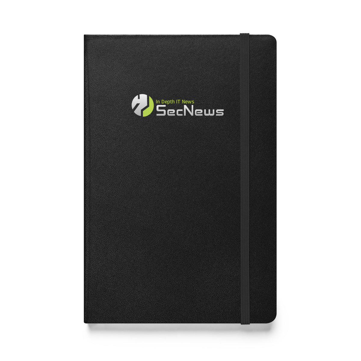 SecNews Elite Hardcover Notebook in Black, front view, with SecNews "In Depth IT News" logo on the cover