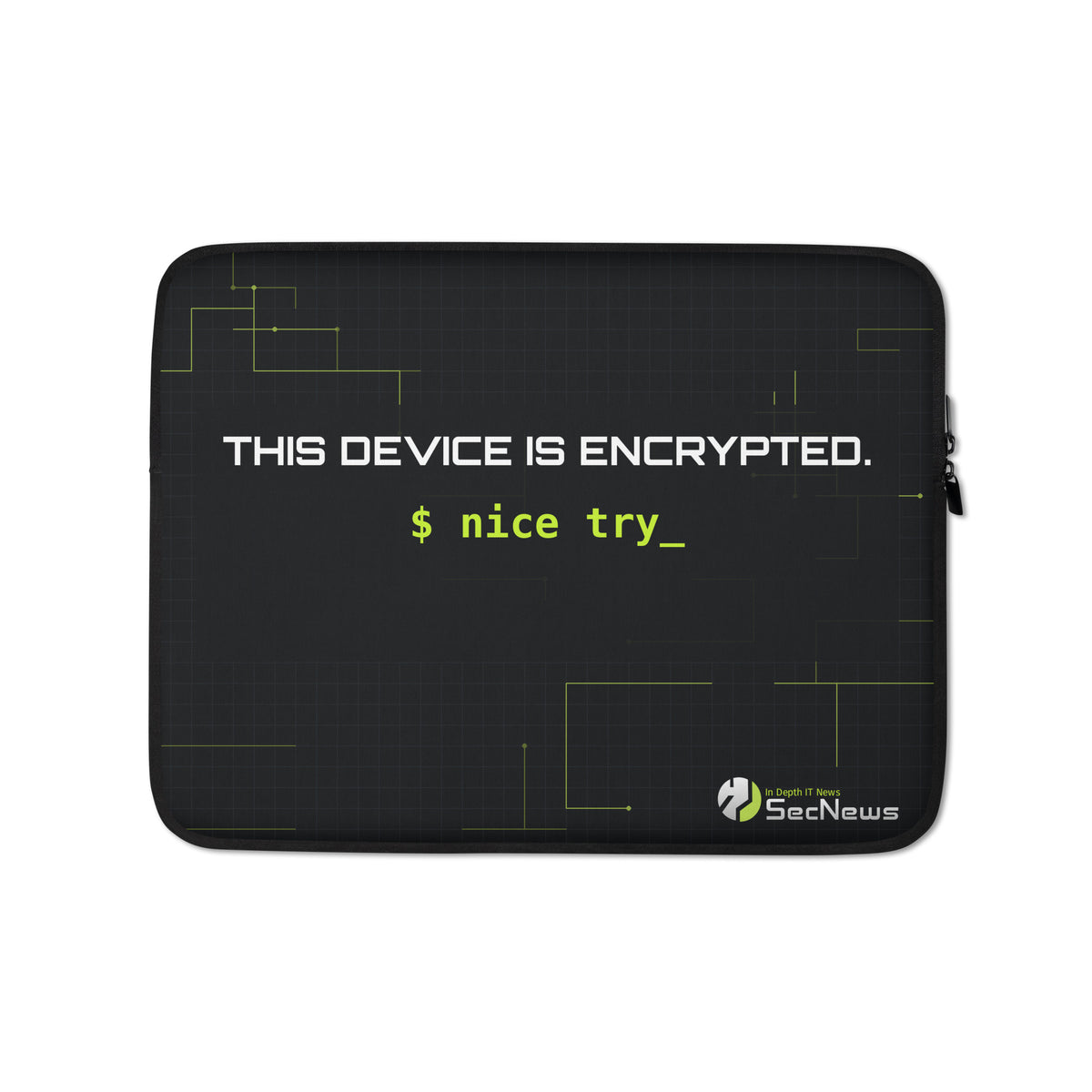 SecNews Encrypted Laptop Sleeve in 13″, front view, with "This device is encrypted" print with green circuit traces