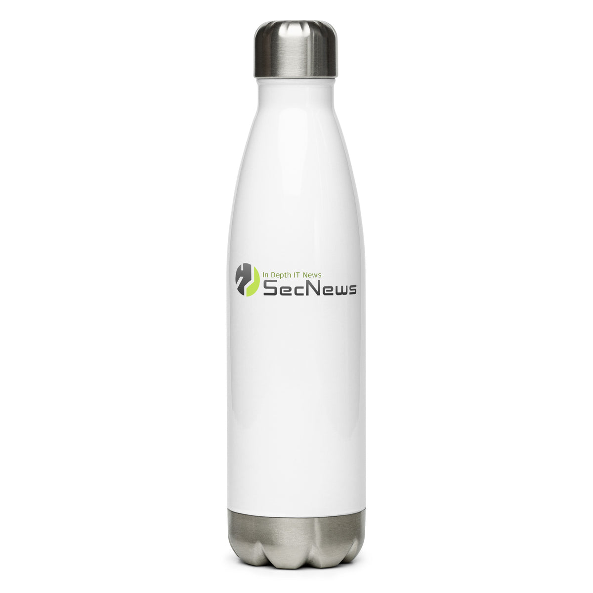 SecNews Stainless Steel Hydration Bottle, front view, with SecNews "In Depth IT News" logo