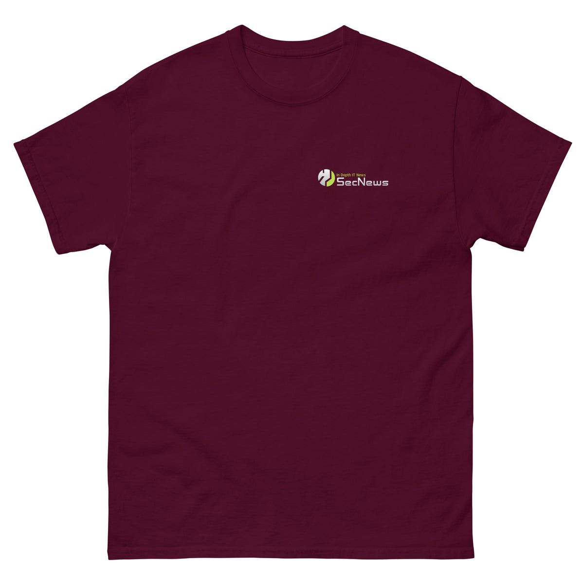 SecNews Signature Unisex Tee in Maroon, front view, with SecNews "In Depth IT News" logo on the left chest