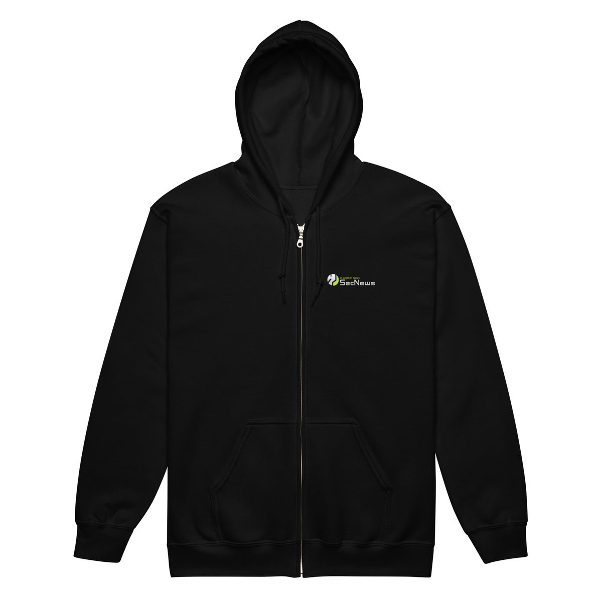 SecNews Zero Trust Zip Hoodie in Black, front view, with SecNews logo on the chest and green "Zero Trust" shield print on the back