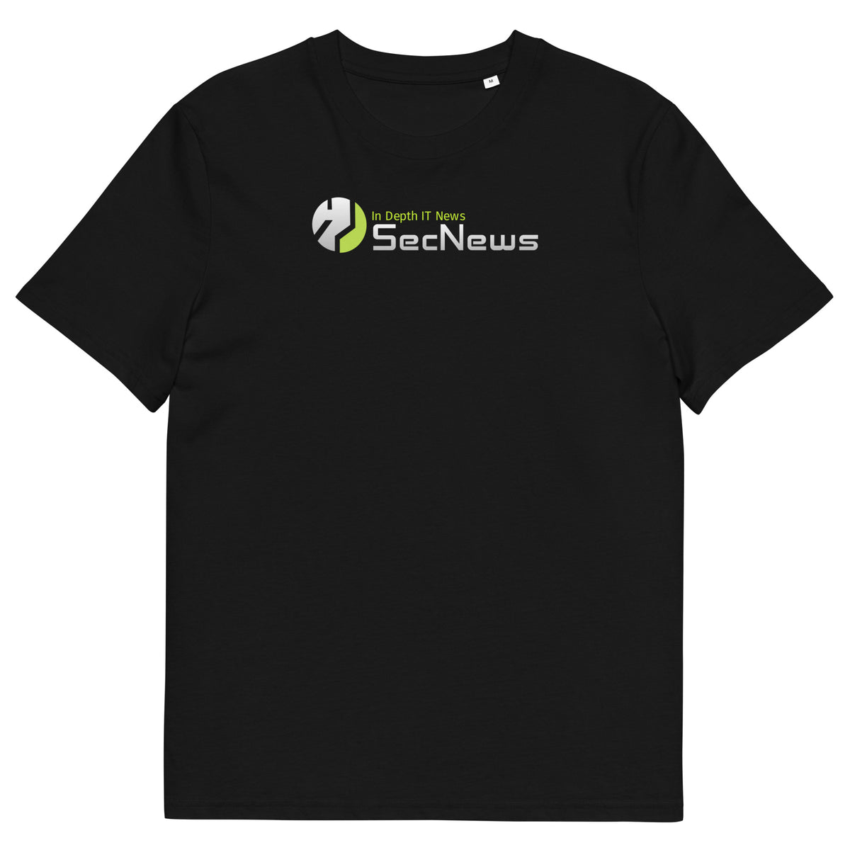 SecNews Organic Logo Tee in Black, front view, with large SecNews "In Depth IT News" logo print