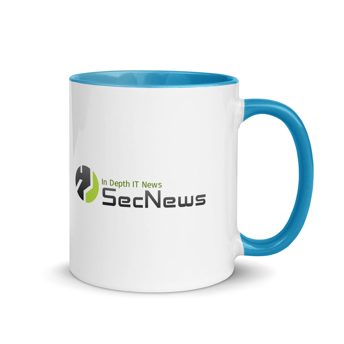 SecNews Coffee.exe Mug (Cyan Inside) in 11 oz, right view, with green Coffee.exe progress-bar print with the SecNews logo