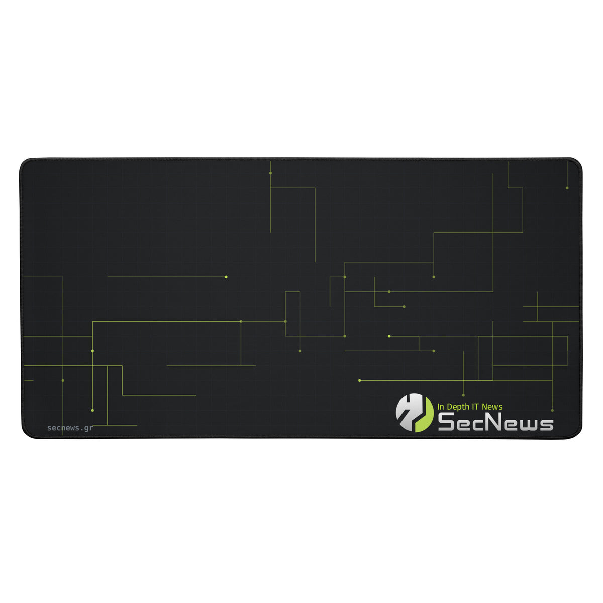 SecNews Circuit Desk Mat in 16″×32″, front view, with dark circuit-board design with green traces and the SecNews logo
