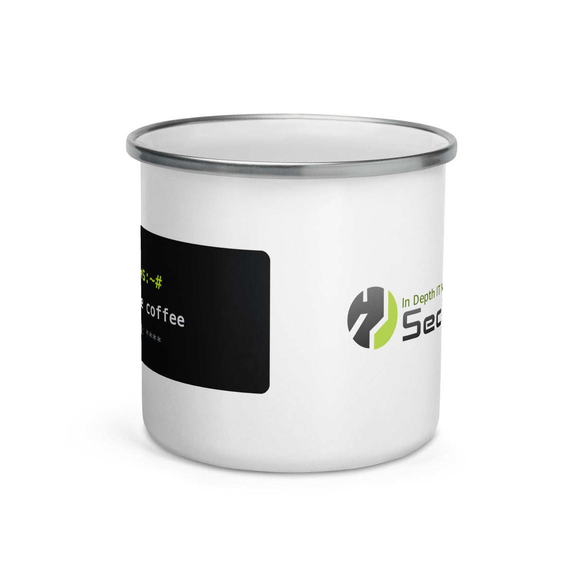 SecNews root@ Enamel Mug, front view, with root@secnews terminal print in green with the SecNews logo