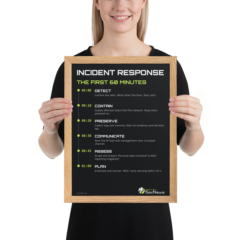 Incident Response First 60 Minutes Framed Poster in Oak, person view, with Incident Response First 60 Minutes checklist poster in green and white